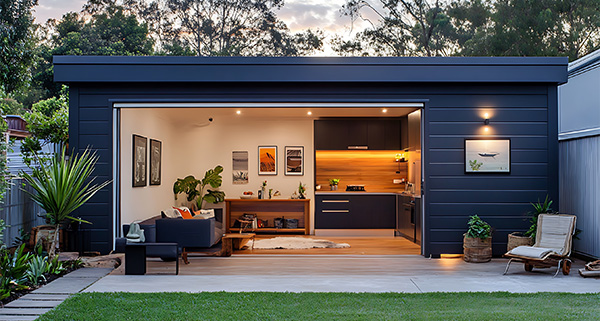 modern backyard living space with open design featuring kitchen and seating area surrounded by greenery and decor 7 design ideas for comfort